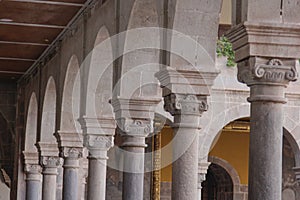 Old catholic church facade in Cuzco Peru