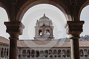 Old catholic church facade in Cuzco Peru