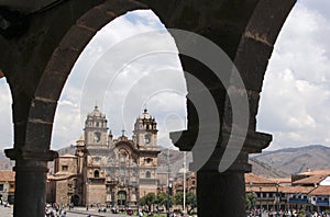 Old catholic church facade in Cuzco Peru