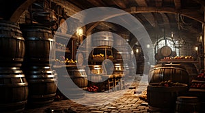 Old cellar with bottles and barrels under castle making wine