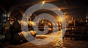 Old cellar with bottles and barrels under castle making wine