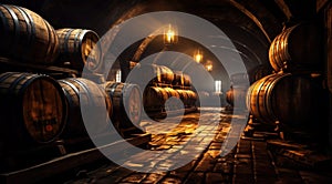 Old cellar with bottles and barrels under castle making wine