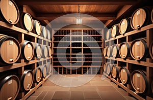 old cellar with bottles and barrels, wooden wine shelves, wine cellar, expensive alcoholic beverages, aesthetic