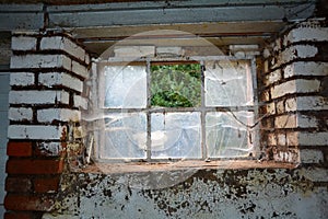 Old cellar window with spider webs and a missing glass pane