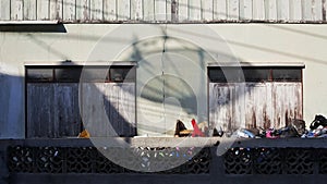 The old cement brick wall with the wooden windows and the shadow of sattelite dish.