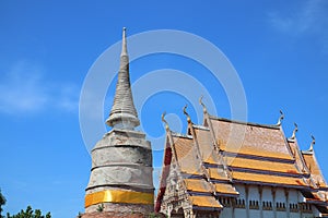 Old cement pagoda, Thai temple church, beautiful sky background, Buddhism, Thailand