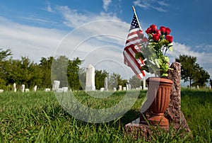 Old cemetary with American Flag.