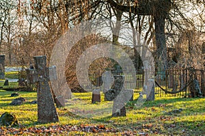 The old cemetery of the Catholic monastery of the Order of St. Brigitte. Limestone tombstones of the 17-19 centuries