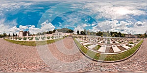 Old cemetery in summer. Graveyard with green trees Tombs in the forest with grass. 3D spherical panorama with 360 degree viewing a