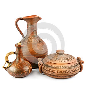 Old ceramic pot - kitchen retro equipment of cooking isolated on white background