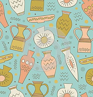 Old ceramic seamless pattern. Ethnic antique Greek style background. China. Endless texture with hand drawn tableware