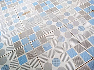 An old ceramic tile floor with a blue pattern can be used as a texture background