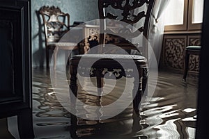 Old chair in domestic room standing in water, flood concept. Generative AI