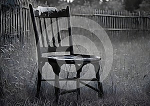 old chair sitting in the grass by the fence, black and white photo art photography, horizontal picture