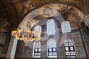 Old chandelier under the dome of Hagia Sophia