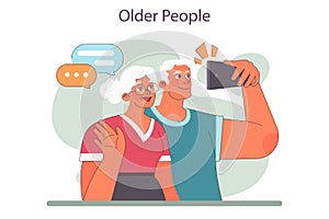 Old characters with mobile phone. Couple in senior age using a smartphone