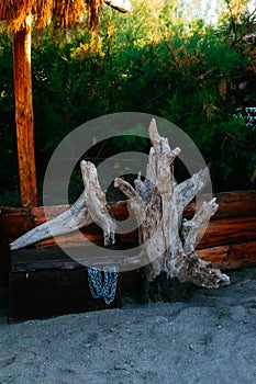 Old chest with chains and snag, nice creative beach decor