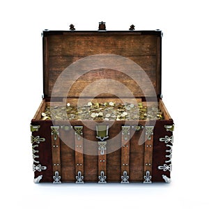 Old chest filled with gold coins on an isolated white background.