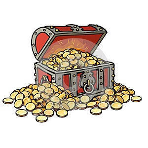 Old chest with gold coins. Piles of coins around. Cartoon style hand drawn vector illustration.