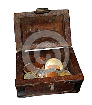 Old chest with money isolated on white