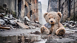 Old childrens teddy bear lies on street in destroyed city ruins