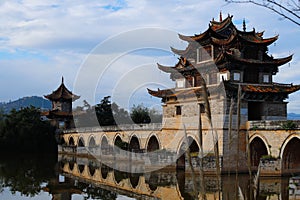 Old chinese bridge. The ancient Shuanglong Bridge Seventeen Span Bridge near Jianshui, Yunnan, China