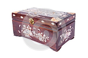 Old chinese chest box isolated on white background. Old chinese treasure wooden box isolated
