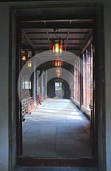 Old chinese classical corridor and architecture at liuyuan garden at autumn