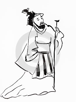 Old chinese landlord hand drawn in sumi-e style