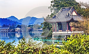 Old Chinese Pavilion West Lake Reflection Hangzhou Zhejiang China