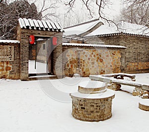 Old Chinese yard with snow