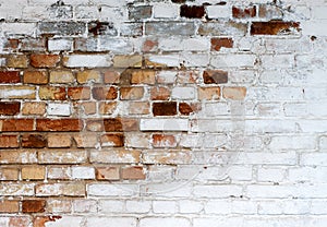 Old chipped white brick wall texture background, whitewashed grungy brick wall, abstract red white vintage background