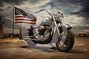 Old chopper motorcycle with american flag on the background at sunset, American motorcycles on the, AI Generated