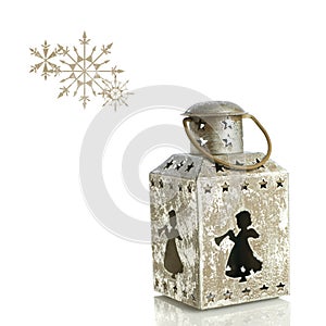 Old Christmas lantern with angels, stars ornaments on white background. Snowflakes