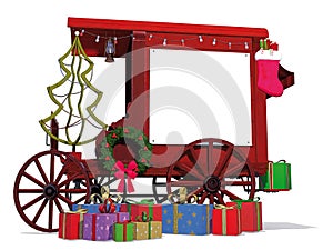 Old Christmas shop on red wooden wheels with white advertising sign