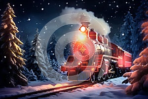 Old christmas steam locomotive driving at night through a dreamlike snowy landscape at christmas time