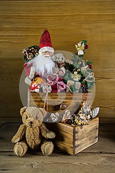 Old christmas toys with santa for decoration.