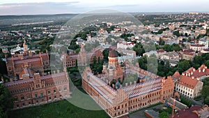 Old church with beautiful architecture in Chernivtsi Ukraine, aerial view from above