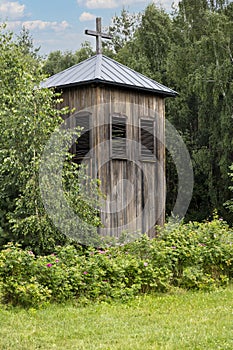 Old church belfry, built of wood in the early twentieth century in Grodzisk