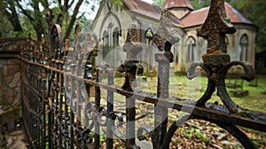 The old church in the forgotten town is adorned with intricate wrought iron fencing its rusted bars weathered by time.