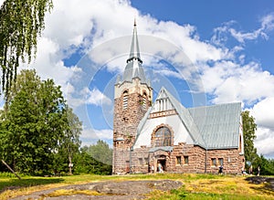 Old church kirk Raislya designed by architect Joseph Stenback in 1912 in style of Finnish national romanticism, northern