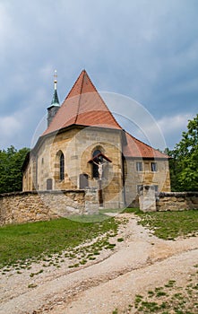 Old church at the mountain called Kreuzberg near of the german village Hallerndorf
