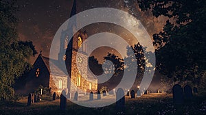 An old church at night illuminated by the soft glow of lanterns. photo