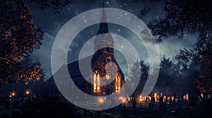 An old church at night illuminated by the soft glow of lanterns. photo