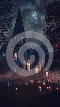 An old church at night illuminated by the soft glow of lanterns. photo