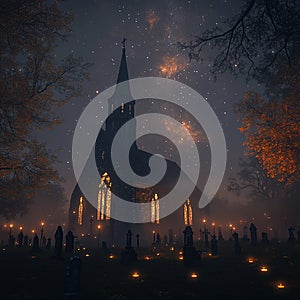 An old church at night illuminated by the soft glow of lanterns. photo
