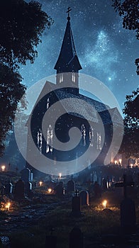 An old church at night illuminated by the soft glow of lanterns. photo