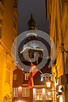 Old church at night. Riga Old Town, Latvia.