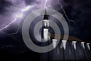 Old church at night during a thunderstorm, thunderbold hitting tower