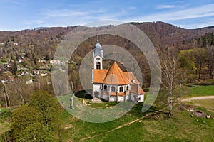 Old church Our Lady U Obrazku in Liberec city in spring day